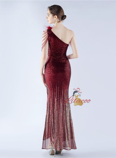 One Shoulder Sequins Split Prom Dress