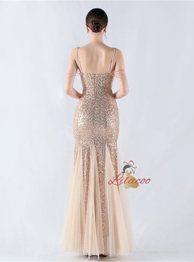 Sequins Tulle Spaghetti Straps Beading Prom Dress