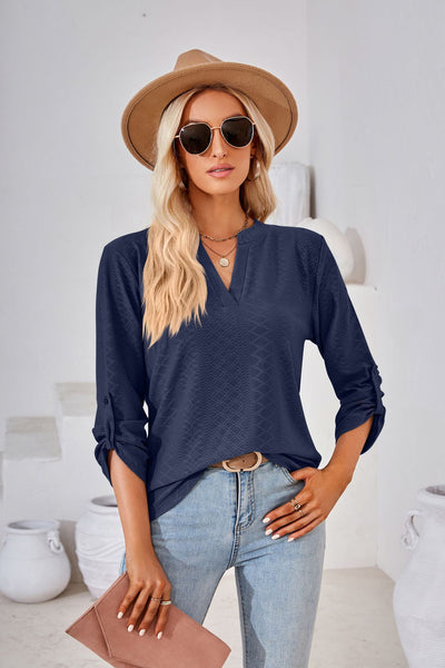 V-neck Cropped Sleeve Button Loose T-shirt