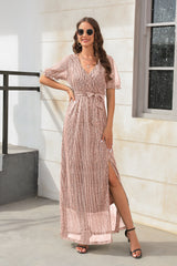 V-neck High Waist Split Short Sleeve Dress