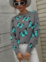 Printed Butterfly Round Neck Loose Sweater