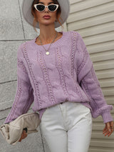 Twisted Rope Solid Color Loose Round Neck Sweater