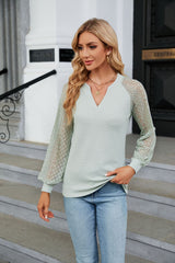 Waffle Lace Stitching Long Sleeve V-neck T-shirt