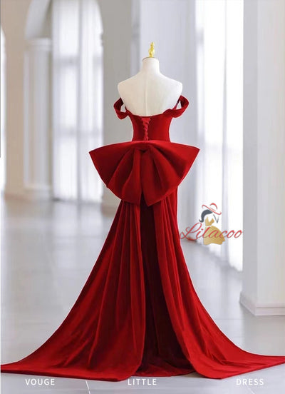 Burgundy Velvet Off the Shoulder Crystal Prom Dress