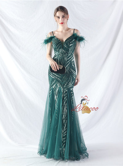 Spaghetti Straps Mermaid Sequins Tulle Prom Dress