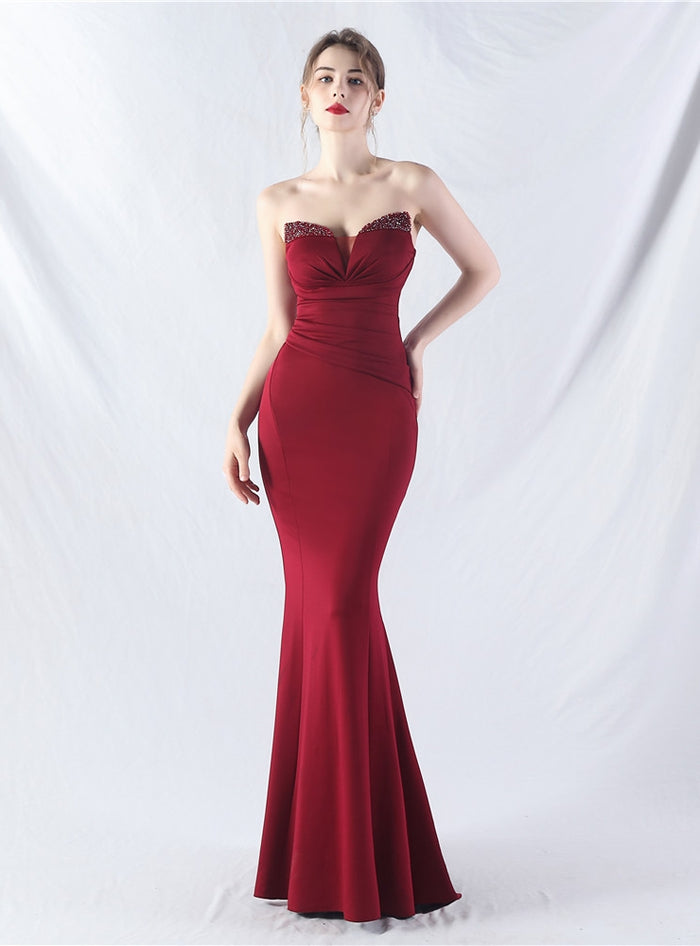 Memraid Strapless Pleats Beading Prom Dress