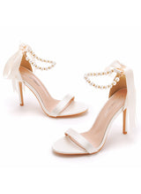 Ribbon Satin Beaded High-heeled Sandals
