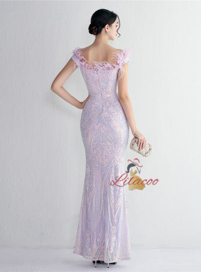 Mermaid Sequins Off the Shoulder Feather Prom Dress