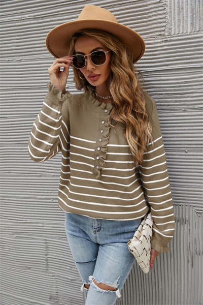 Button Wood Ear Striped Stitching Sweater
