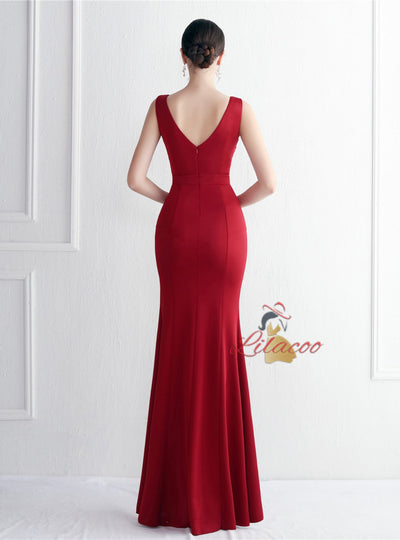 V-neck Pleats Sleeveless Prom Dress