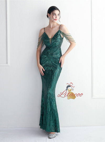 Spaghetti Straps Mermaid Beading Prom Dress