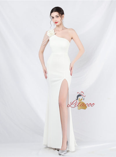 One Shoulder Mermaid Split Beading Prom Dress