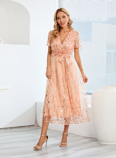 Mesh Sequins Slim V-neck Long Dress