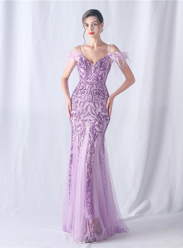 Sequins Tulle Spaghetti Straps Prom Dress