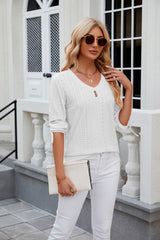 Button V-neck Solid Color Loose T-shirt