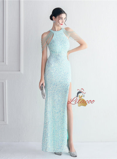 Halter Mermaid Sequins Split Beading Prom Dress