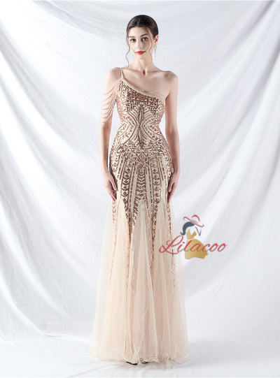 One Shoulder Sequins Beading Prom Dress