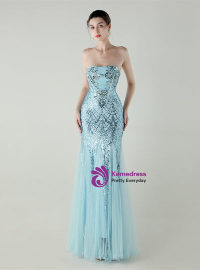 Mermaid Tulle Sequins Strapless Beading Prom Dress