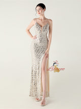 Spaghetti Straps Sequins Split Prom Dress