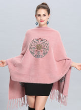 Embroidered Knitted Fringed Long Shawl