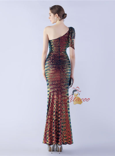 One Shoulder Split Sequins Prom Dress