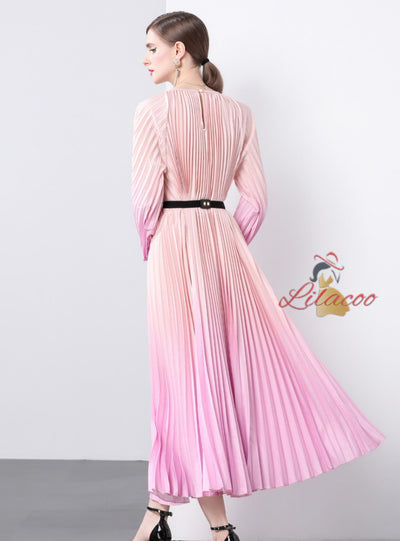 Long Sleeve Print Oversized Pleated Dress