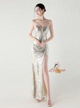 Mermaid Sequins Spaghetti Straps Split Beading Prom Dress