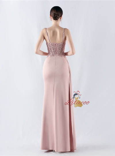 Mermaid Spaghetti Straps Lace Appliques Split Prom Dress