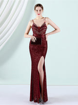Burgundy Mermaid Sequins Spaghetti Straps Prom Dress