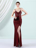 Burgundy Mermaid Sequins Spaghetti Straps Prom Dress