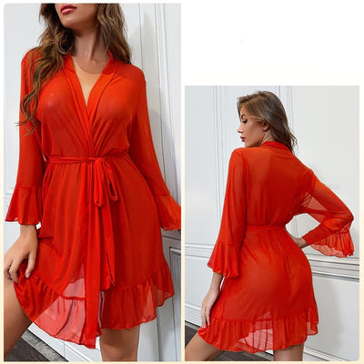 Mesh Perspective Ruffled Nightgown Pajamas