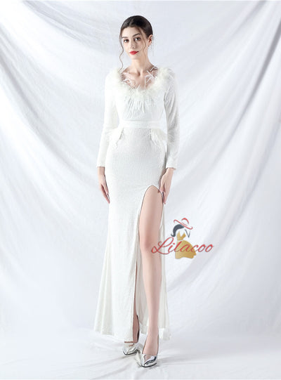 Long Sleeve Mermaid Sequins Split Prom Dress