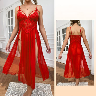 Sexy Gauze Deep V Lace Slit Suspender Pajamas