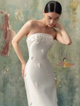 White Satin Tulle Strapless Beading Wedding Dress