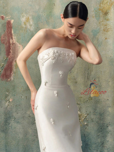 White Satin Tulle Strapless Beading Wedding Dress