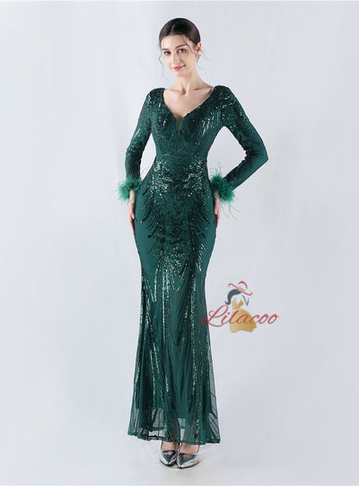 Long Sleeve Mermaid Sequins Prom Dress