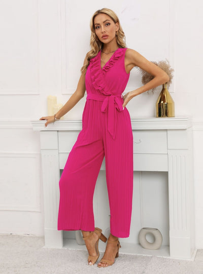 Sleeveless V-neck Lotus Leaf Pleated Jumpsuit