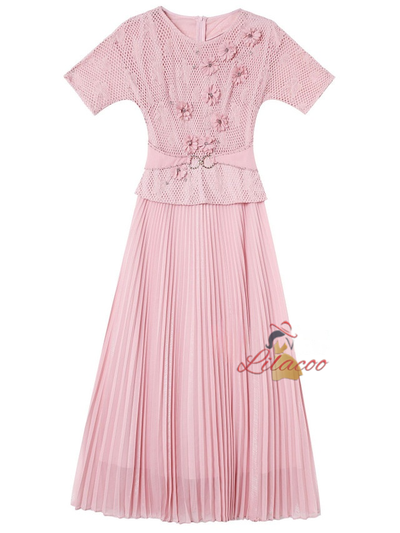 Pink Short Sleeve 3D Flower Mother Of The Bride Dress