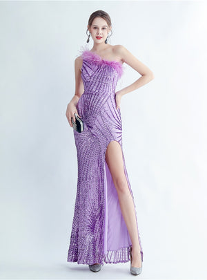 Mermaid Sequins One Shoulder Split Prom Dress