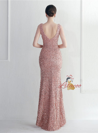 V-neck Mermaid Sequins Prom Dress