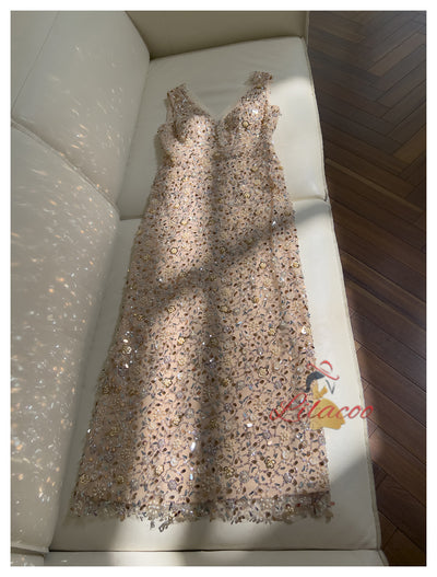 Gold Sequins V-neck Beading Prom Dress