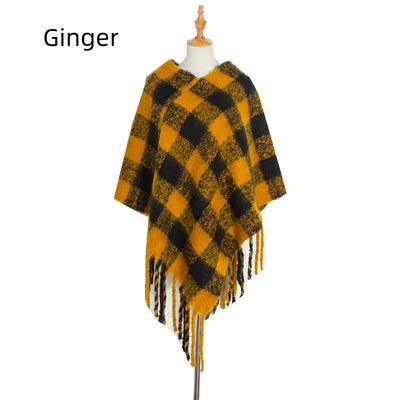 Thick Tassels Padded Plaid Shawl Cloak