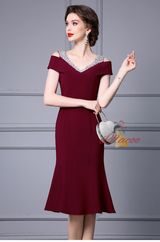 Burgundy V-neck Beading Mother Of The Bride Dress