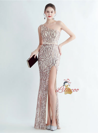 Mermaid One Shoulder Sequins Split Prom Dress