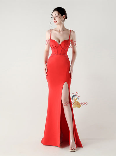 Mermaid Spaghetti Straps Beading Split Prom Dress