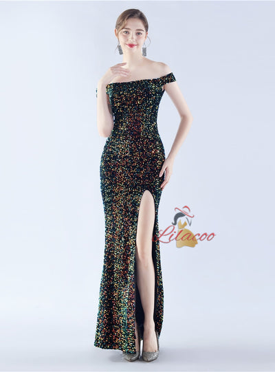 Sequins Off the Shoulder Split Prom Dress