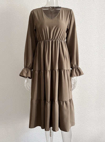 V-neck Flared Sleeve Long Sleeve Dress