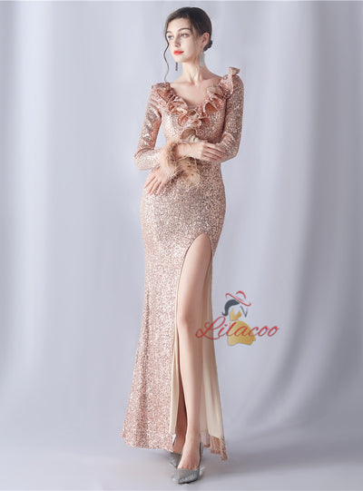 Long Sleeve V-neck Sequins Prom Dress