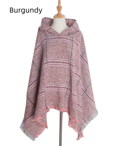 Shaggy Plaid Hooded Cloak Shawl