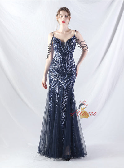 Spaghetti Straps Sequins Beading Prom Dress